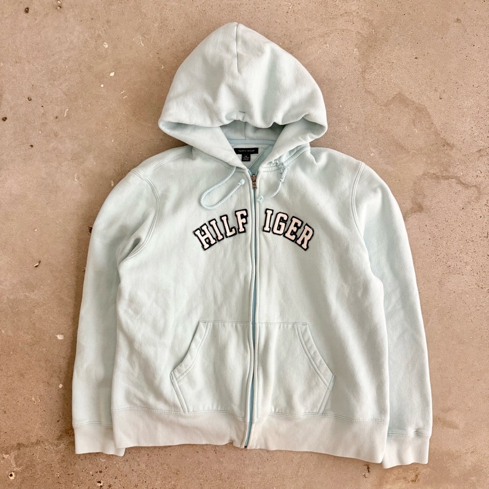 Vintage Y2K Hilfiger Spell Out Logo Pastel Blue Front Pocket Women’s Size XXL. - Picture 1 of 4